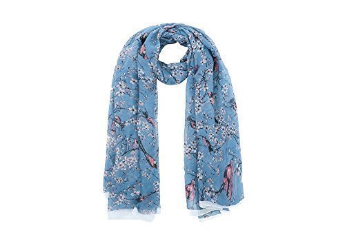 World of Shawls Japanese Cherry Blossom Bird And Floral Print Scarf Maxi Sarong Wrap (Blue With White Border)