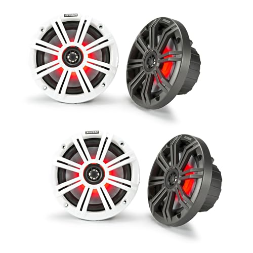 KICKER 6.5" Marine Speakers LED KM65 RGB 4 Pack Coaxial Boat Speakers Waterproof White Sport Grille Pontoon Marine Audio System Upgrade