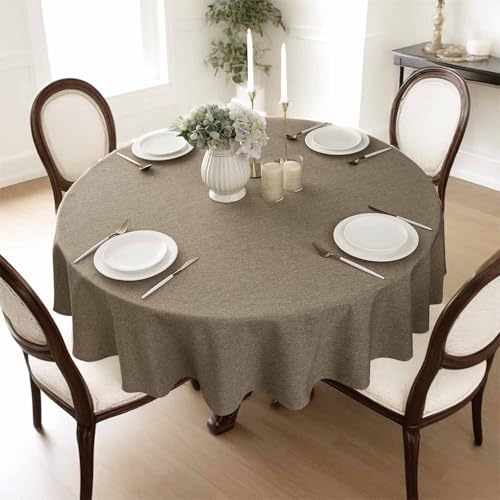 Qidordour Round Tablecloth, 60 inch Diameter, Faux Linen Table Cloth, Water Resistant Spill-Proof Wipeable Polyester Dining Table Cover for Kitchen Cafe Restaurant Buffet Tabletop Decoration, Flaxen