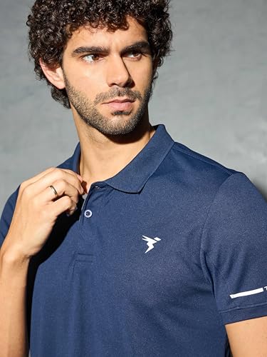 Image of TECHNOSPORT Men's Solid Slim Fit Polo Collar T-Shirt TECHNOCOOL+ Half Sleeve Button Polyester for Gym Running Workout UPF50+ Anti Odour