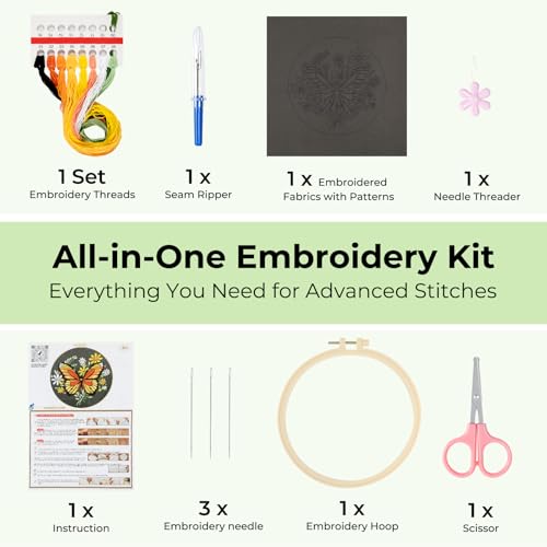 Image of HTVRONT Embroidery Kit for Beginners, Butterfly Embroidery Kits with Step-by-Step Video Tutorials, Simple 6 Stitches Beginner Embroidery Kit for Adult Crafts