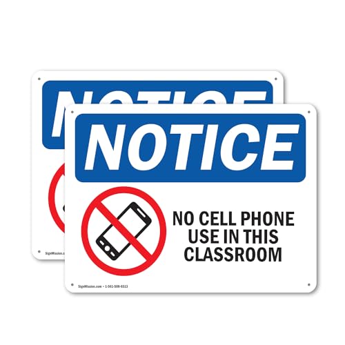 (2 Pack) No Cell Phone Use In This Classroom OSHA Notice Sign 10 Inch X 7 Inch Plastic Sign, Weather Resistant, UV Protected for Workplace, Business, and Construction Site, Made in the USA