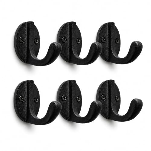 The Metal Magician Cast Iron Coat Robe Door Hooks Black Set of 6