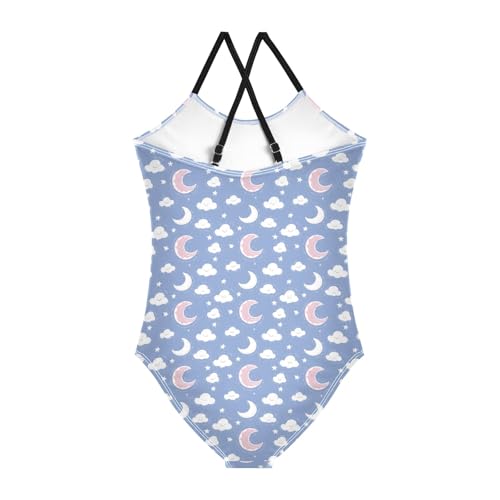 senya Girls Swimsuits One-Piece Swimwear Tie Bathing Suit Beach Summer Round Neck 9-10T Cute Moon Cloud Pattern2