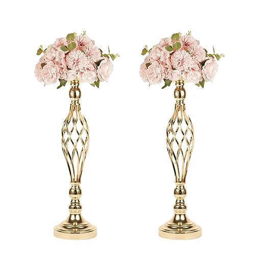 LANLONG 2pcs Metal Gold Candle Holders Road Lead Table Centerpiece Stand Pillar Candlestick for Wedding Candelabra Flowers Vases