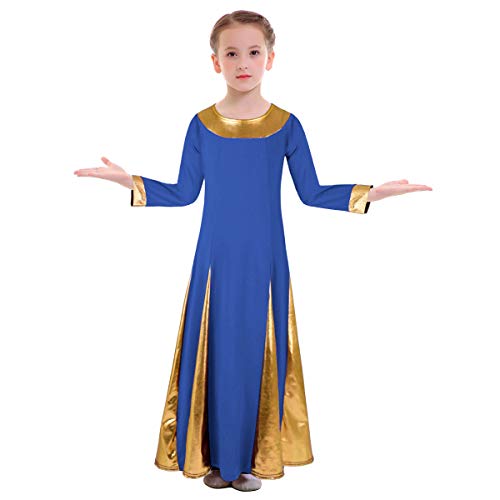 Girl Praise Dance Circle Dress Christian Bell Long Sleeves Liturgical Loose Costume Baptism Holy Communion Party Assumption Day Dresses Kids Junior National Day of Prayer Royal Blue+Gold 7-8 Years