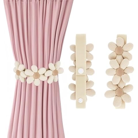 Andibro 2pcs Curtain Tiebacks, Cute Flower Curtain Buckles Curtain Holdbacks for Draperies Elegant Boho Curtain Tie Backs for Home Outdoor Bedroom Office Decorative Curtain(Beige) Cover