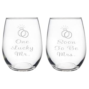 One Lucky Mr. and Soon to Be Mrs. Stemless Wine Glass Set, 17 oz. – Gift for Wedding Engagement – 2 Pieces