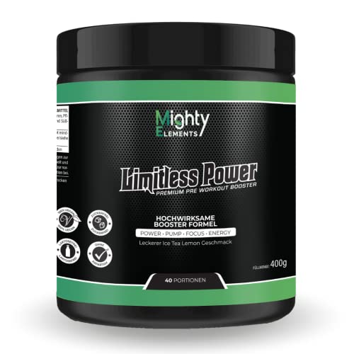 Mighty Elements Limitless POWER HARDCORE Pre Workout BOOSTER ‎400g, hochdosiert, Sport Energy Drink, Gym pump 40 Portionen, mit KOFFEIN, CREATIN, Ice tea lemon Cover