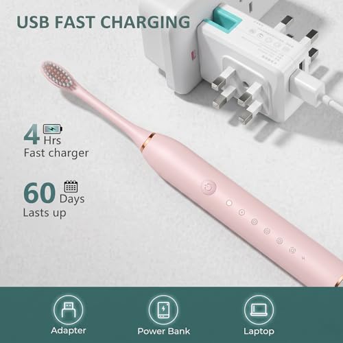 Image of Oblivion Electric Toothbrush - Pink Rechargeable Sonic Toothbrush with 3 Extra Brush Heads - Waterproof USB Charging Soft Bristle Tooth Brush for Adults Advanced Oral Care Portable Design (Pack of 1)