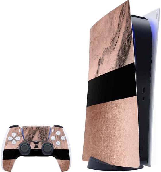 Skinit Decal Gaming Skin Compatible with PS5 Bundle - Rose Gold and Black Marble Design