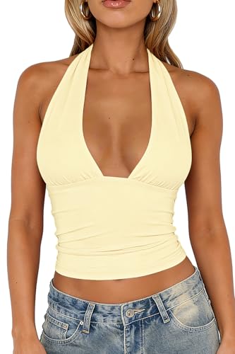 TiulZial Womens Sexy Halter Tops Deep V Neck Backless Tank Top Open Back Sleeveless Slim Fit Y2k Summer Crop Tops Light Yellow Crop Top S