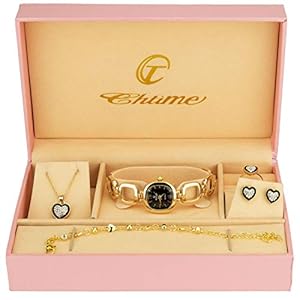 Geschenkdoos dames polshorloge zwart – sieradenset – halsketting – oorbellen – armband, zwart., 25, Armband