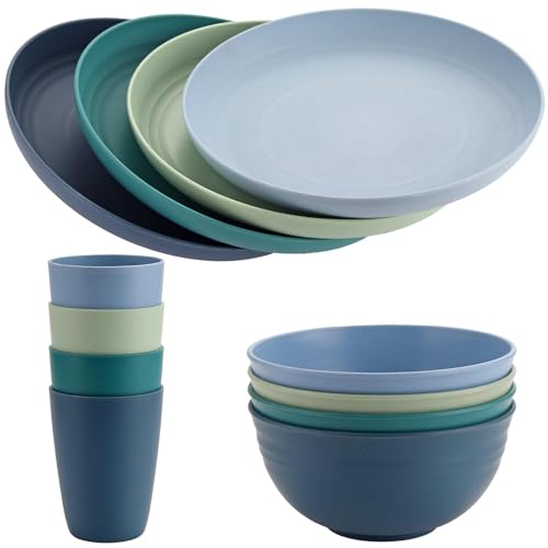 FUNYKICH Juego de 12 platos y cuencos de plástico irrompibles para niños, juegos de platos y cuencos para niños, juego de cena de plástico con plato de postre, cuenco, tazas, juego de cena de camping
