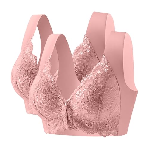Sujetador de encaje transpirable con cierre frontal para mujer, talla grande, sin varillas, ropa interior para el día a día, deportes, 36E, sin aros, sin espalda, de algodón, ajustable, push up, rosa