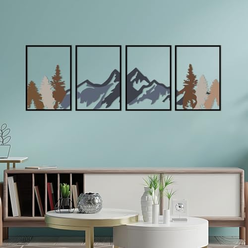ESTART 4 PCS Metall Berg Wandkunst, große Berge Wanddekoration, Bergwald dekorative Malerei geeignet für Wohnzimmer Schlafzimmer Büro innen und außen (Gebirgswald - Bunt, 50x15.7 inches/127x40 cm)