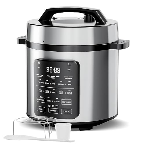 Simple Deluxe 12-in-1 Electric Pressure Cooker, 6QT Stainless Steel & Non-Stick Multi Cooker for Slow Cook, Meat Stew, Cake, Porridge, Multigrain, Dishwasher Safe, Silver