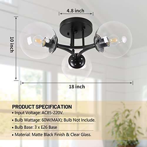 Bagood Mid Century Modern Ceiling Light Clear Globe Semi Flush Mount Ceiling Light Black Sputnik Light Fixture Chandeliers Clear Glass Matte Black Chandeliers Living Room Dining Room Bedroom 3 Lights #TOP3