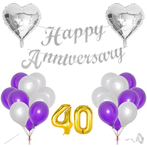 Image of Flyloons 40th Happy Anniversary Decoration Items Purple for Men Women Husband Wife Mom Dad Parent Couple Home Bedroom Car With 20 Pcs Metallic Balloons Anniversary Banner 2 Pcs Heart Set Kit