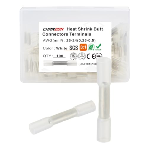 Chanzon 100pcs Heat Shrink Butt Connectors Solder Seal 26-24AWG White