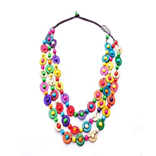 Colorful Bling Ethnic African Wood Bead Statement Pendant Collar Layered Long Strand Chunky Coconut Shell Geometric Choker Bib Necklace Bohemian Jewelry-Long Round #TOP4