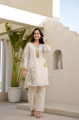 Ensemble Kurti femme en coton supérieur blanc cassé - 4