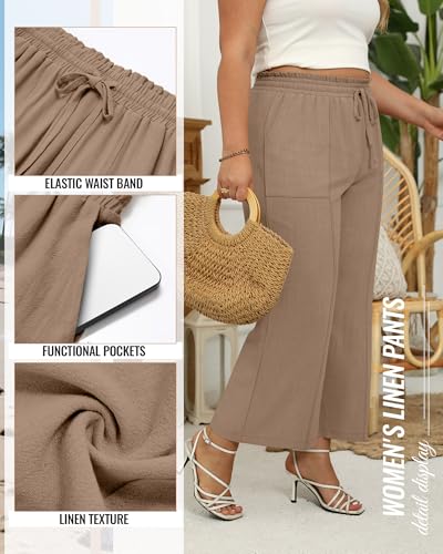 Neer Women's Plus Size Linen Cropped Pants, Wide Leg High Waist Capri Pants Summer Casual Beach Trousers with Pockets3