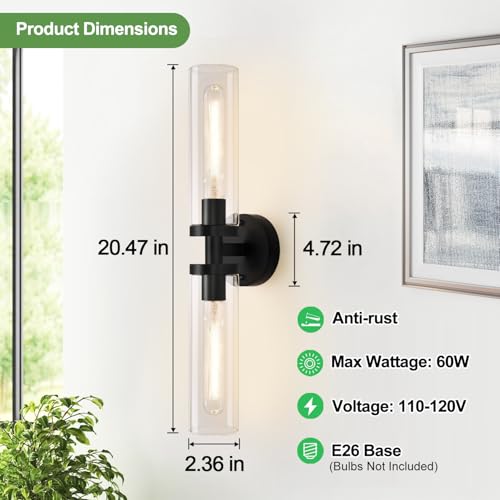 Image of Wall Sconces Set of Two, Hardwired Matte Black Bathroom Sconces Wall Lighting with Clear Glass, Modern Sconces Wall Decor Set of 2 Bathroom Light Fixtures for Mirror Hallway (Bulbs Not Included)