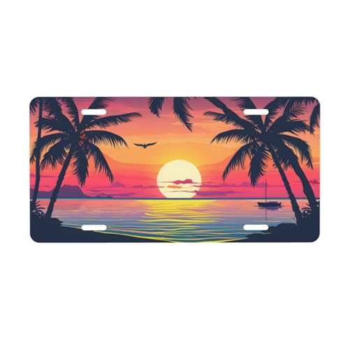 Sunset with Palm Trees and Beach Scene License Plate Decorative Car Front License Plate Aluminum Novelty License Plates Vanity Tag Metal Car Plate for Women Men 6 X 12 Inch
