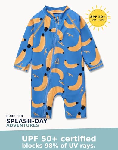 Image of VAENAIT BABY Zip & Snap Rash Guard Swimsuit, UPF 50+ One-Piece Long Sleeve Swimwear, Quick Dry Infant Beach Suit for 0~2T