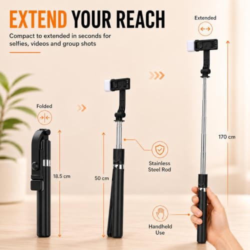 Image of 3-in-1 Extendable Bluetooth Selfie Stick with Tripod Stand & Wireless Remote Bluetooth Selfie Stick (Black, Remote Included) R1SL By UNBREAKcable