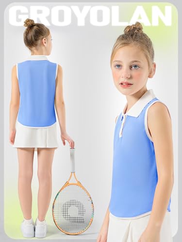 GroYolan Tshirt Mädchen Ärmelloses Polohemd, Kontrast Kragen Golf Tennis T Shirt, Polo Shirt für Mädchen, Knopfleiste Atmungsaktiv Tank Top Sport Casual