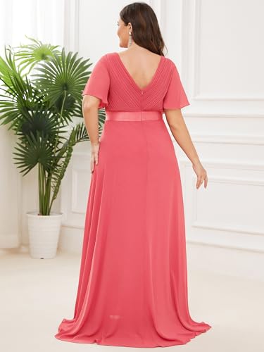 Image of Ever-Pretty Women's Chiffon Formal Evening Dresses for Curvy Women V-Neck Plus Size Floor Length Bridesmaid Dress Coral 24