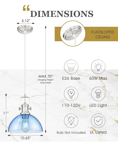 Image of 10.5 inch Brushed Nickel Pendant Lights Kitchen Island, Blue Shade | Farmhouse Vintage Hanging Light for Dining Room, Blue Seeded Glass Shade, Adjustable Cord, E26 Base, AD-22151-1PL-BK