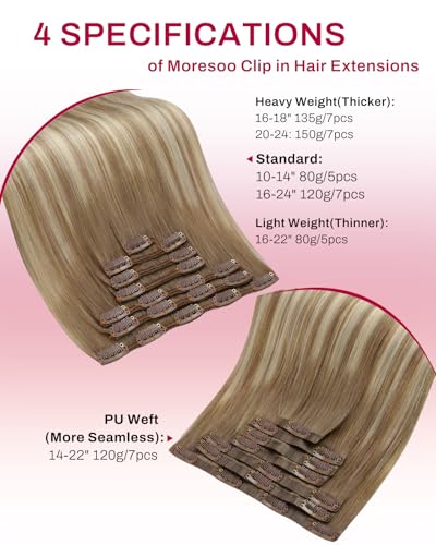 Image of Moresoo Seamless Clip in Human Hair Extensions Light Brown to Dirty Blonde Balayage Human Hair Clip in Extensions Remy Human Hair Straight Clip ins Extensions Invisible 120g /7pcs 20 inch