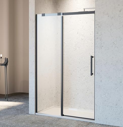 Image of 46-48 inch W x 76 inch H Frameless Sliding Shower Door, Bathroom Single Sliding Shower Doors with 5 /16 inch (8mm) SGCC Tempered Glass and Stainless Steel Handle, Reversible Installation, Matte Black