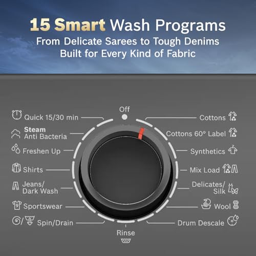 Image of Bosch 8 kg 5 Star Front Load Fully-Automatic Washing Machine, AI ActiveWater,15 Wash Programs, Removes 99.9% Germs with Steam, No Tangle or Wrinkle, Zero Vibration, Black /Grey, WAJ2826CIN