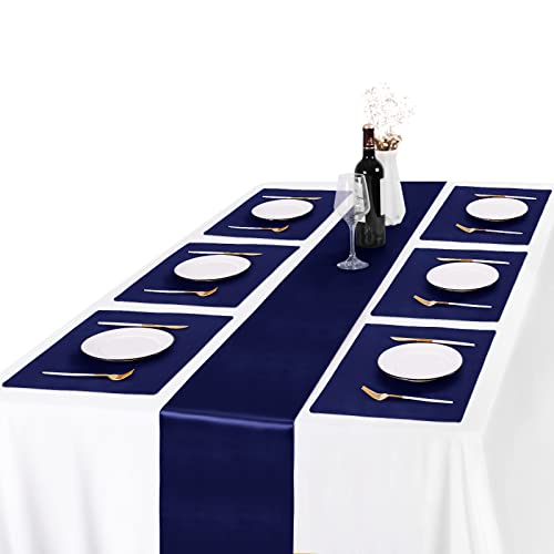 Mceast 8 Pieces Satin Placemats Double Layer Placemats Bright Silk Table Placemats Smooth Fabric Table Mats For Wedding, Banquet Party Decoration, Navy Blue, 19 X 14 Inches #TOP17