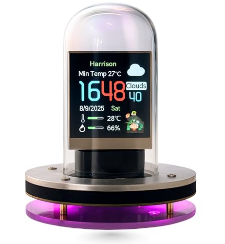 A flask-shaped cyberpunk clock with glowing Nixie-tube-style numerals and app control — retro-futurist desk art that looks like it fell out of a steampunk novel.