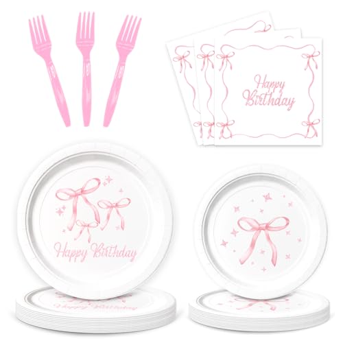 Pink Bow Birthday Party Supplies, 96Pcs Coquette Birthday Decorations Includes Napinks Plates Forks Pink Bow Theme Tableware Party Supplies