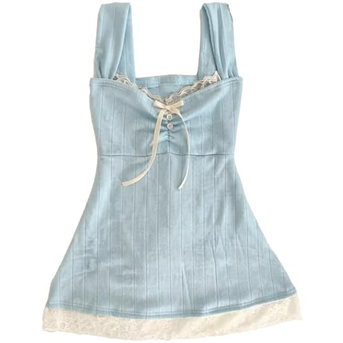 Emo Coquette Cropped Top Grunge 2000s Spaghetti Strap Tops Streetwear Vintage Camisole Y2k Cheetah Top (Blue Lace,Small)