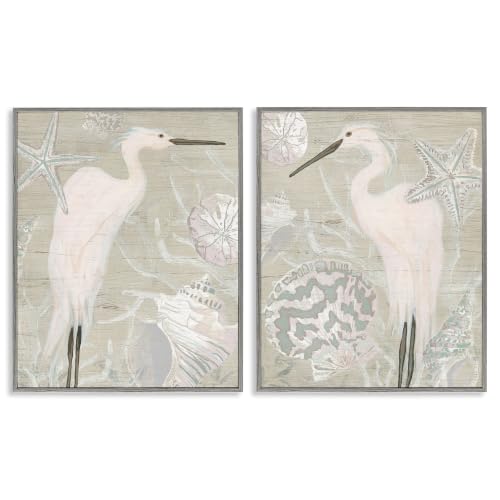 'White Heron Nautical Seashells Rustic'| 2pc Framed Giclee Art Set 2