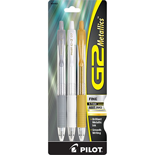 PILOT G2 Metallics Refillable & Retractable Rolling Ball Gel Pens, Fine Point, White/Gold/Silver Inks, 3-Pack (34402)