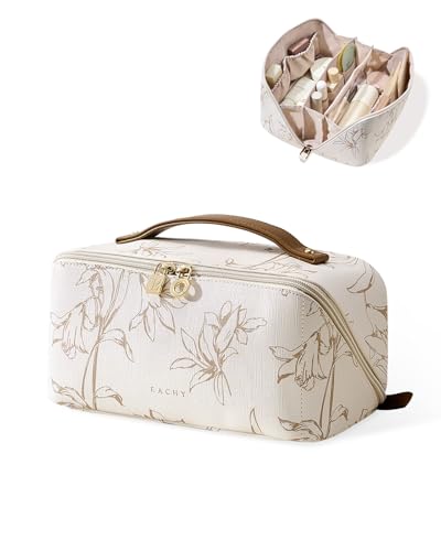 EACHY Travel Makeup Bag Large Capacity Cosmetic Bags for Women Waterproof Portable Pouch Open Flat Toiletry Bag Pattern Makeup Bag (F-Beige-Large)