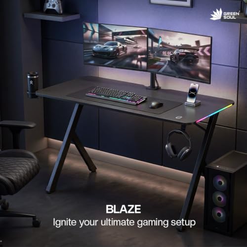 Image of Green Soul Blaze Smart Gaming Table | 15mm Thick Top | RGB | Headphone Hook & Cup Holder |Computer Table, Workstation, Home Office Desk| 1 Year Warranty | (Black,1200 x 600 Top)
