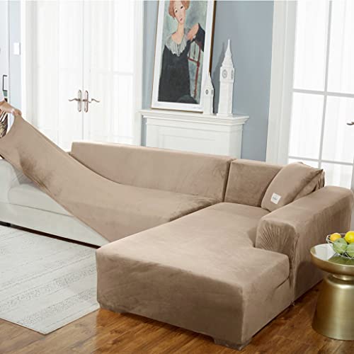 Camz Velvet L Shape Sofa Slipcover For Sectional, Stretch 1 2 3 Seater Sofa Cover Dogs Pets Chaise Lounger Furniture Protector Couch Covers (White 3 Seater:74~90 Inch) #TOP2