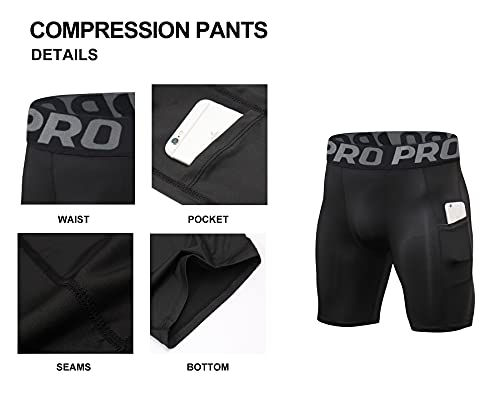 Men's Compression Shorts with Pocket Baseball Athletic Gym Yoga Shorts Cool Dry Running Workout Underwear Pack3