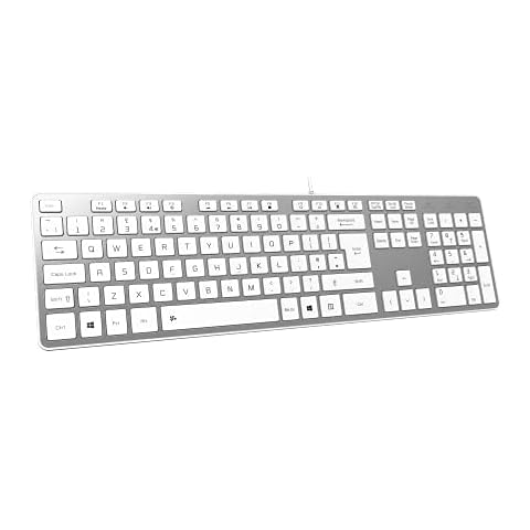 B.FRIENDIT Slim USB Wired Keyboard, Soft Touch and Quiet Key for PC, Laptop and Computer, Full Size QWERTY UK Layout - Silver White Cover