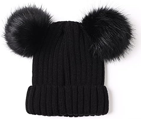 Roniky Womens Winter Hat Cable Knit Silk Satin Lined Beanie for Women Girls Double Faux Fur Pom Pom Ears Black