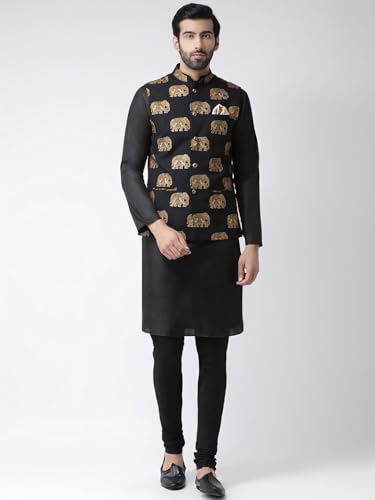 Image of KISAH Men's Black Printed Cotton Nehru Jacket- Traditional Indian Waistcoat for Weddings & Festive Occasions